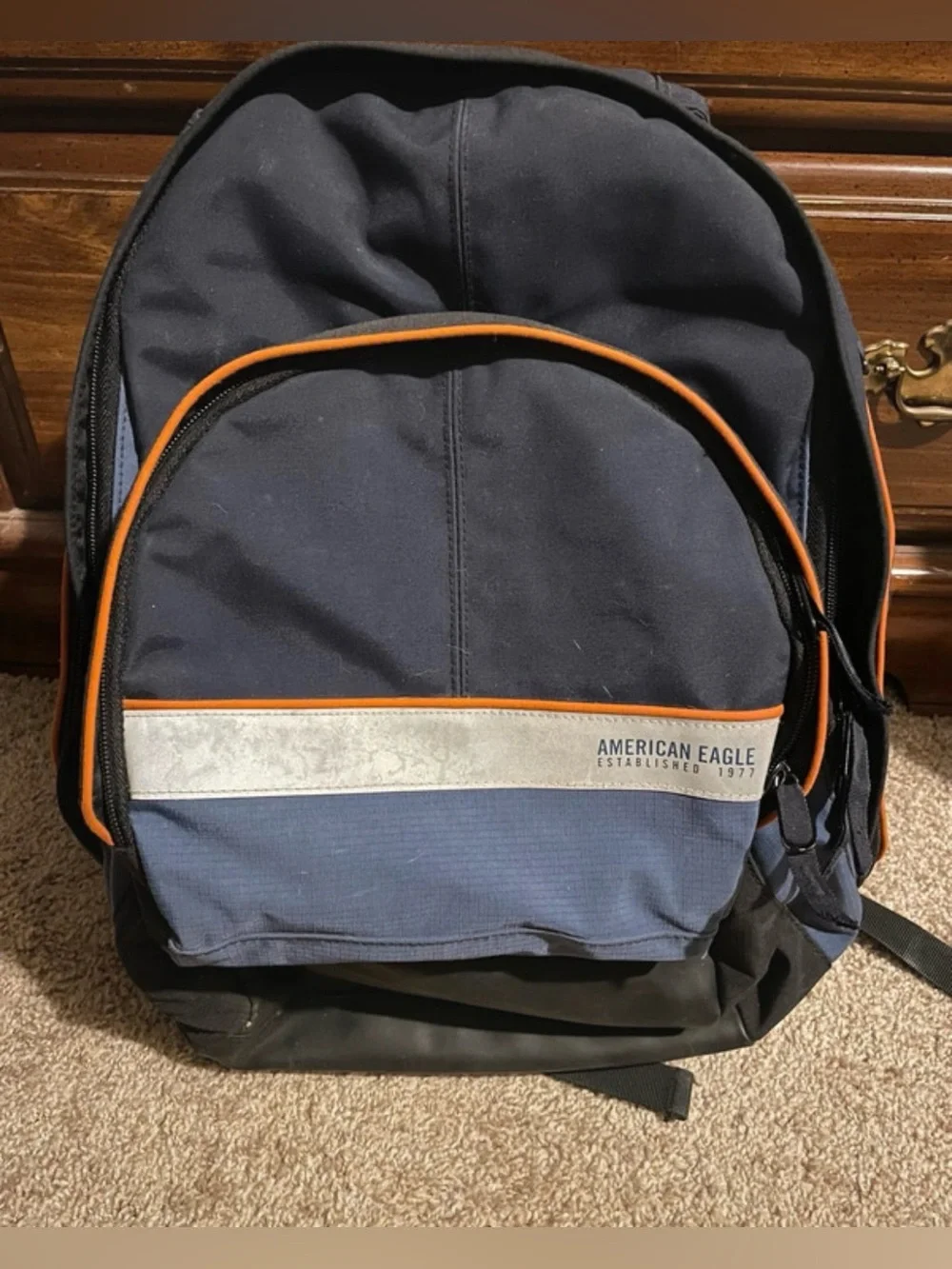 American Eagle Outfitters Navy and Blue Unisex Backpack with Orange Trim
